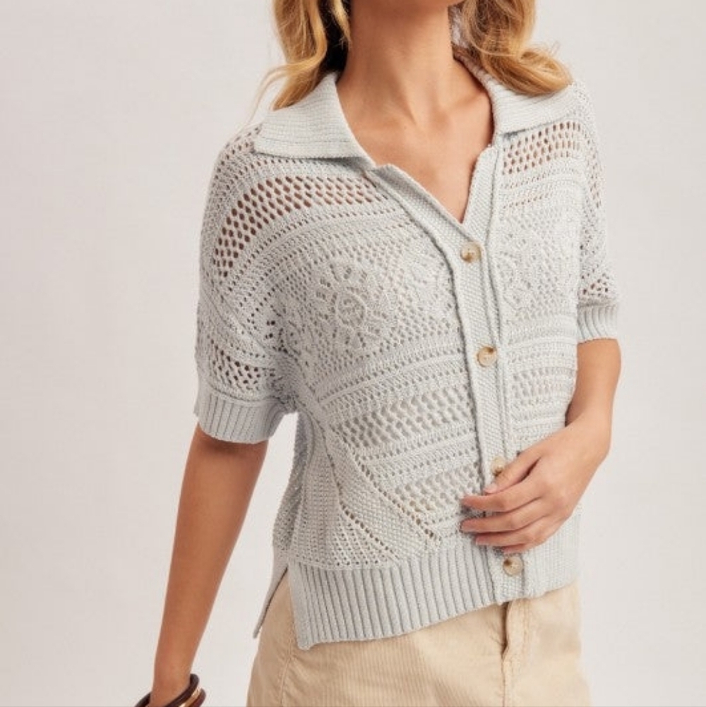Oversized Crochet Button Down Slit Side Knit Polo Top Light Blue
